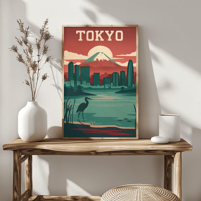 Vintage Tokyo Travel Poster: Mount Fuji & Heron - Retro Japan Wall Art