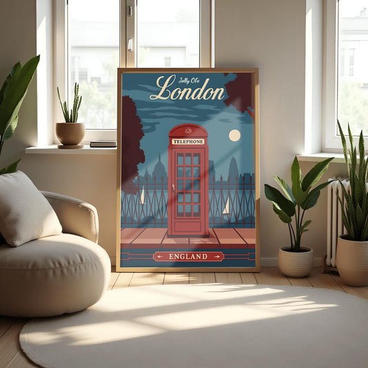 Vintage London Travel Poster: Red Telephone Booth, Retro England Wall Art