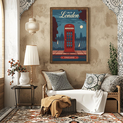 Vintage London Travel Poster: Red Telephone Booth, Retro England Wall Art