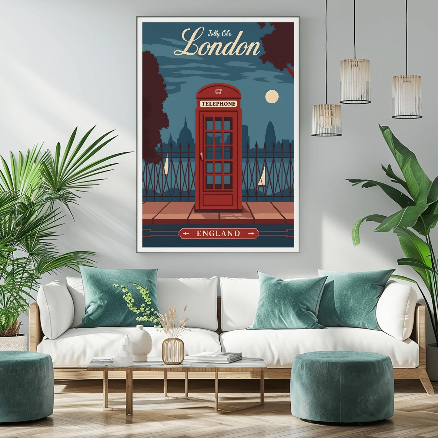 Vintage London Travel Poster: Red Telephone Booth, Retro England Wall Art