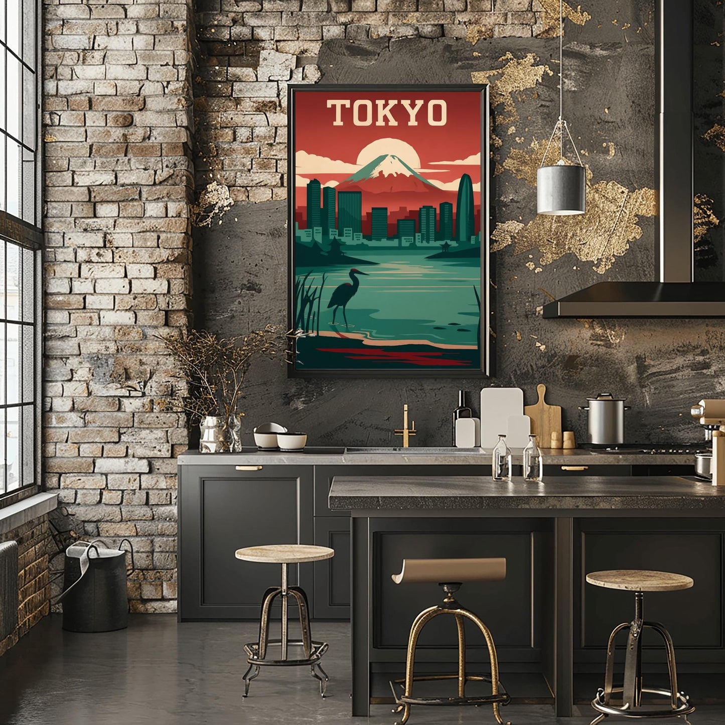 Vintage Tokyo Travel Poster: Mount Fuji & Heron - Retro Japan Wall Art