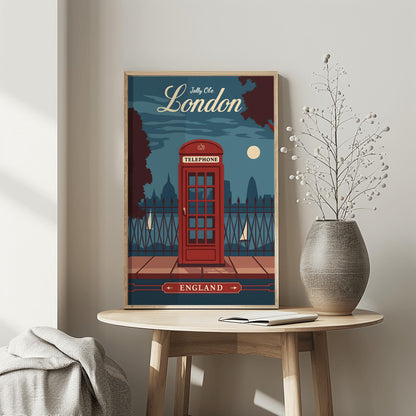 Vintage London Travel Poster: Red Telephone Booth, Retro England Wall Art