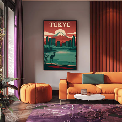 Vintage Tokyo Travel Poster: Mount Fuji & Heron - Retro Japan Wall Art