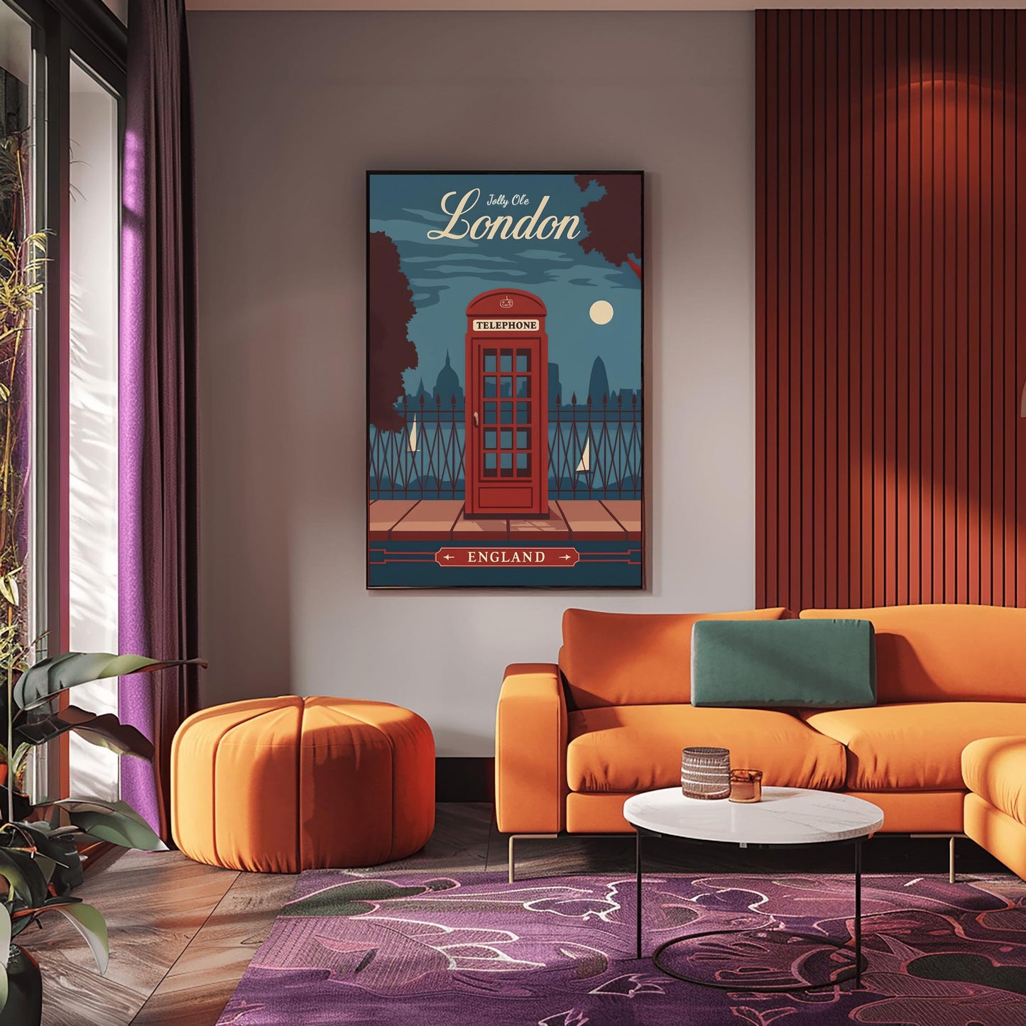 Vintage London Travel Poster: Red Telephone Booth, Retro England Wall Art