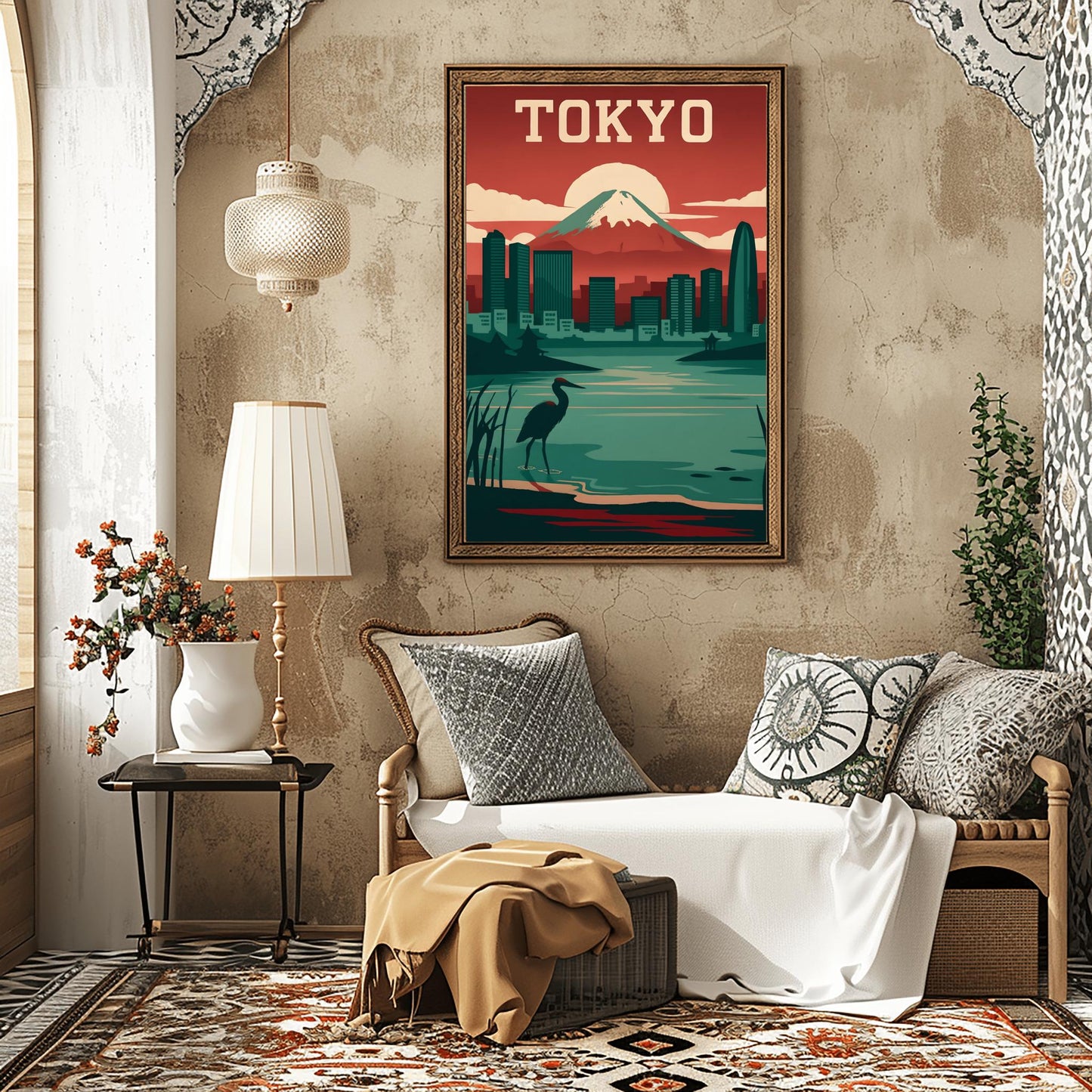 Vintage Tokyo Travel Poster: Mount Fuji & Heron - Retro Japan Wall Art