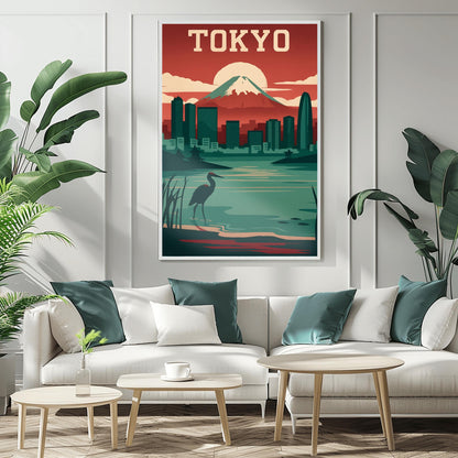 Vintage Tokyo Travel Poster: Mount Fuji & Heron - Retro Japan Wall Art