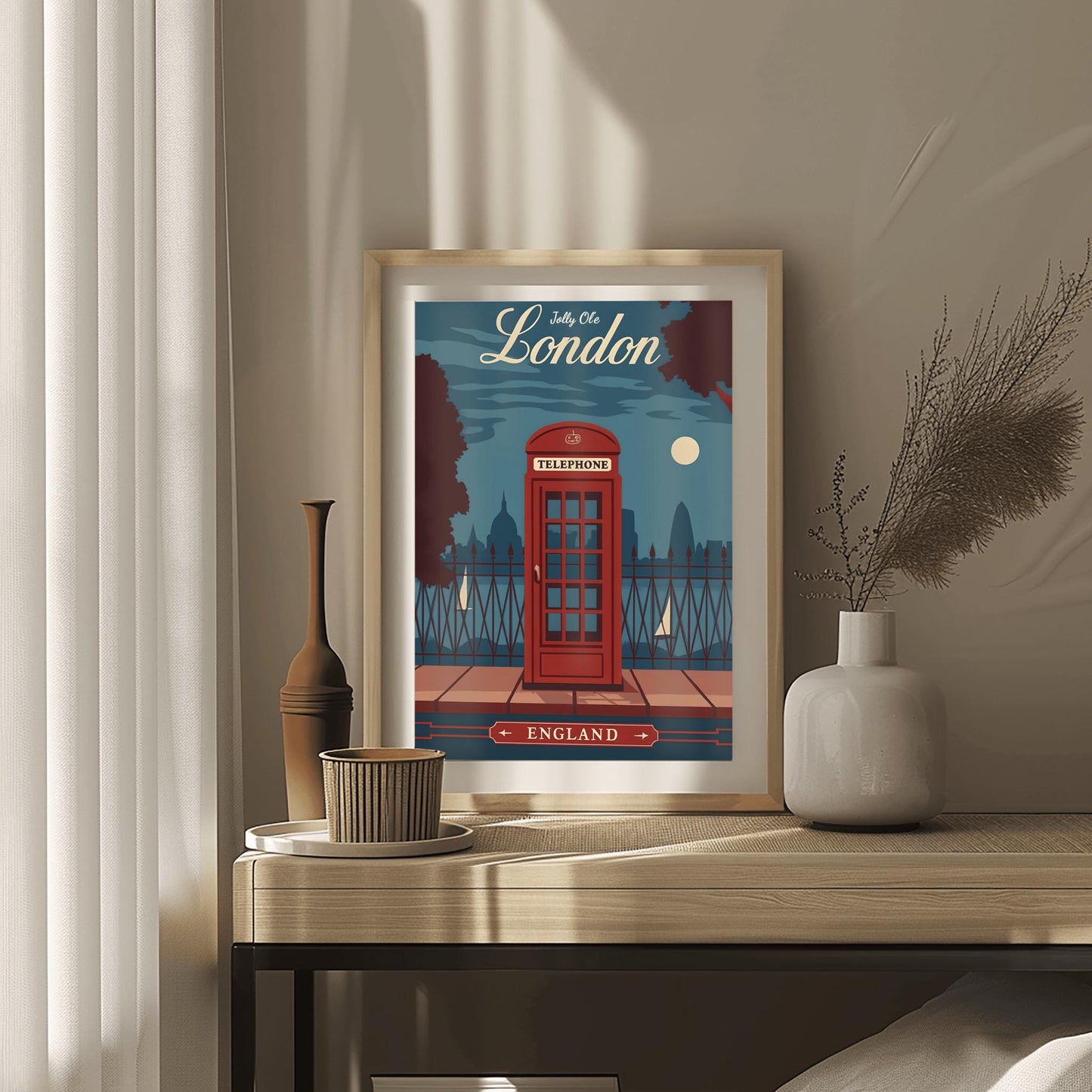 Vintage London Travel Poster: Red Telephone Booth, Retro England Wall Art