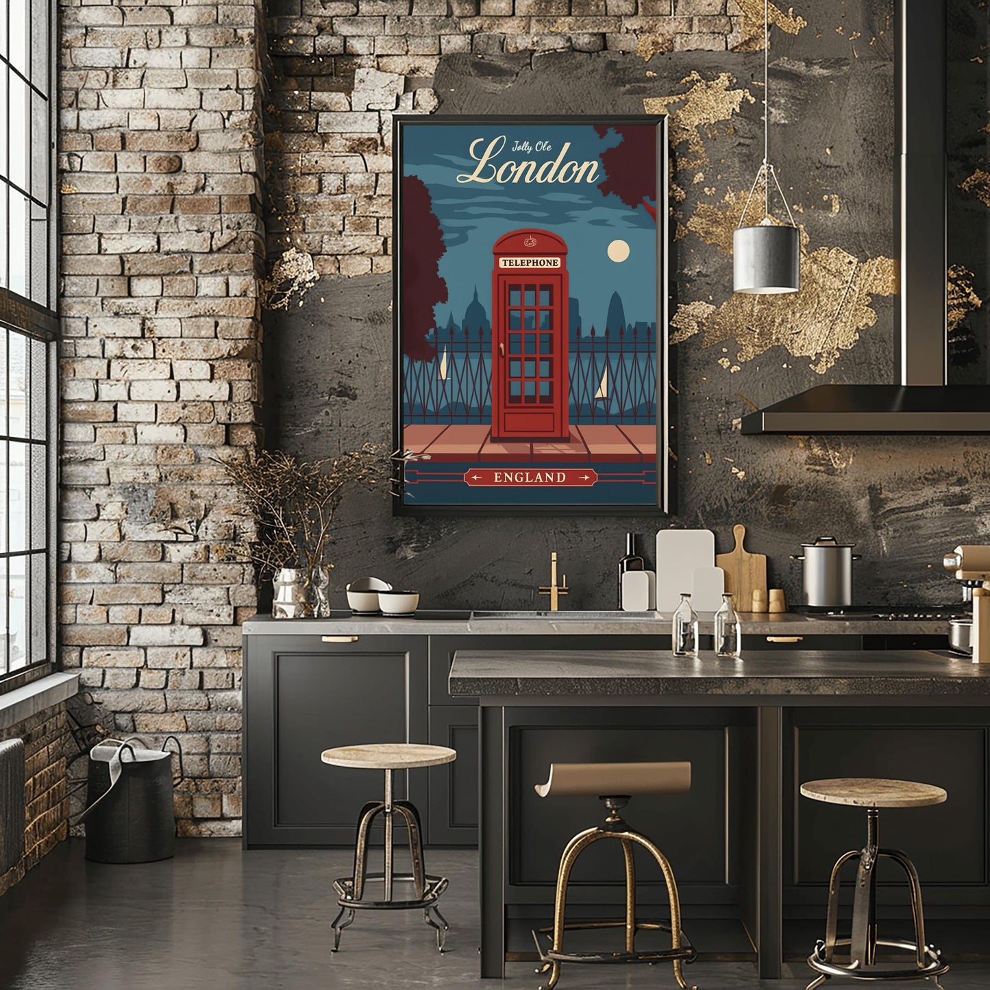 Vintage London Travel Poster: Red Telephone Booth, Retro England Wall Art