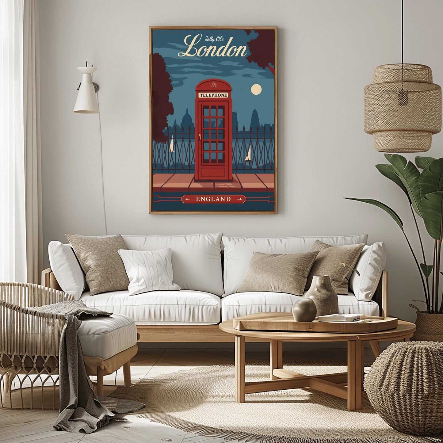 Vintage London Travel Poster: Red Telephone Booth, Retro England Wall Art