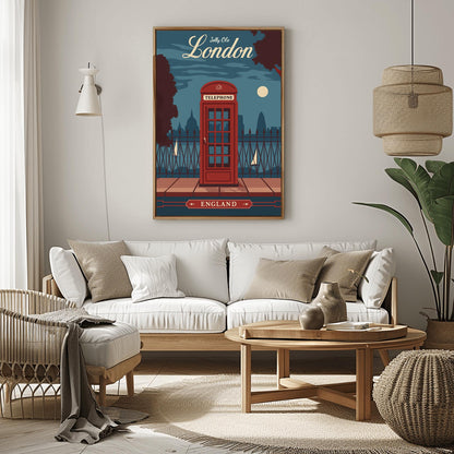 Vintage London Travel Poster: Red Telephone Booth, Retro England Wall Art