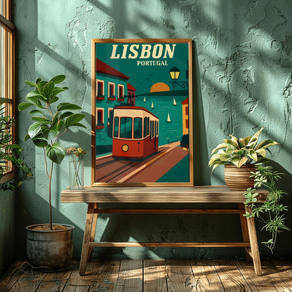 Vintage Lisbon Travel Poster: Retro Portugal Tram Art Print