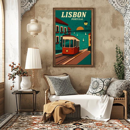 Vintage Lisbon Travel Poster: Retro Portugal Tram Art Print