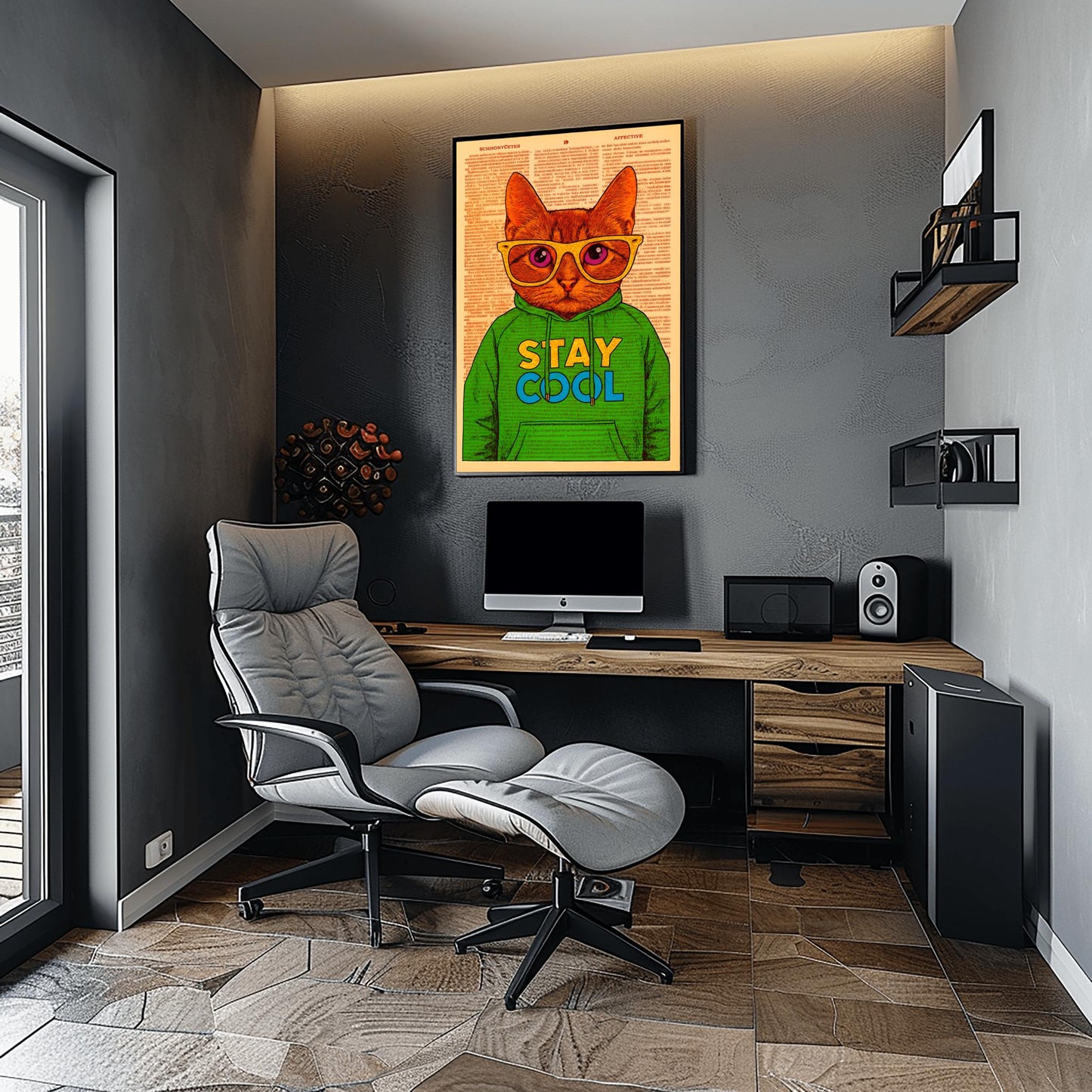 Dorm Room Cool Cat Poster, Funny 'Stay Cool' Print, Whimsical Cat in Hoodie, Retro College Student Decor, Trendy Wall Art for Teens
