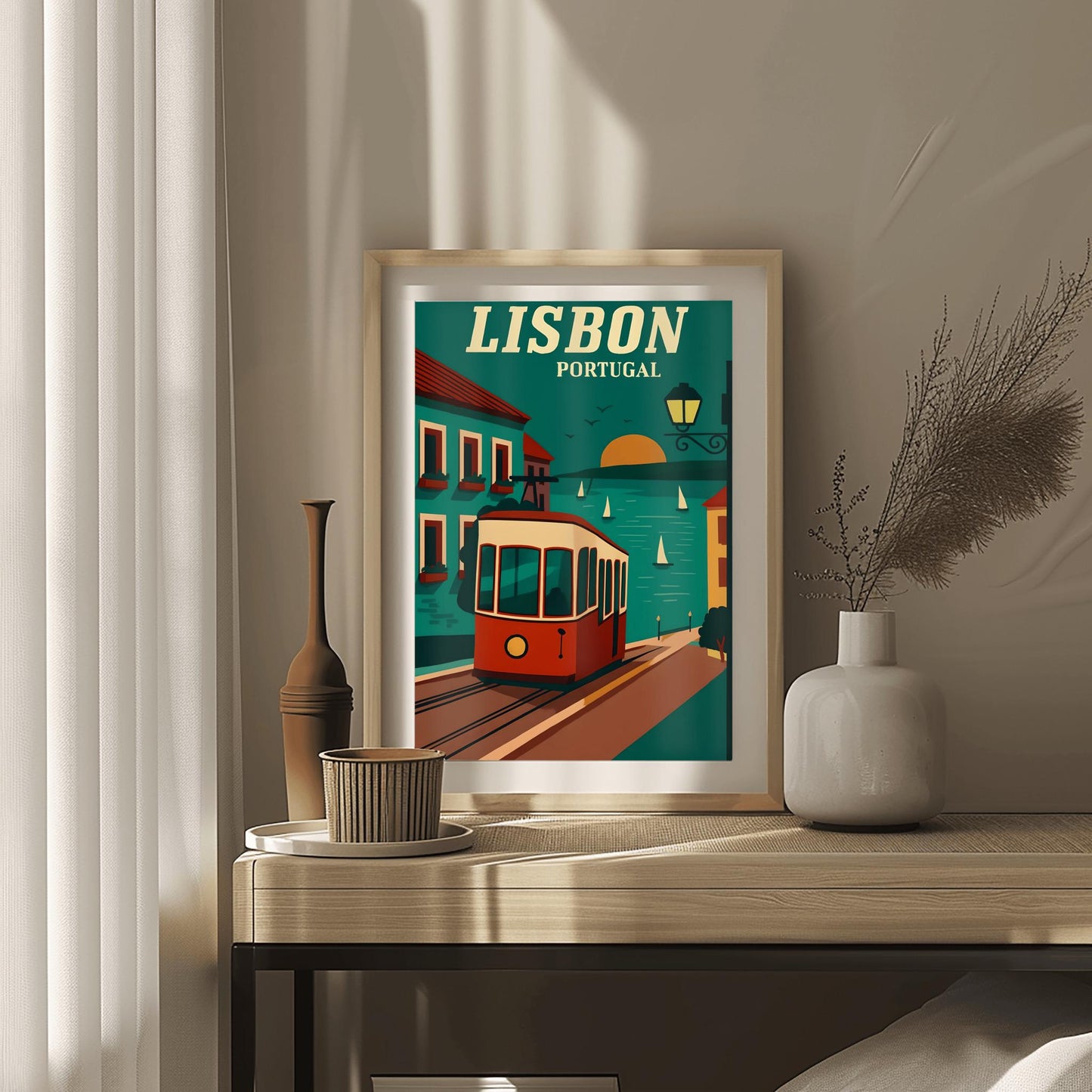 Vintage Lisbon Travel Poster: Retro Portugal Tram Art Print