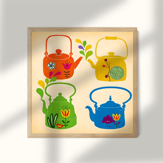Whimsical Teapot Art Print: Retro Kitchen Folk Art Poster