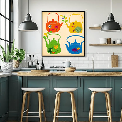 Whimsical Teapot Art Print: Retro Kitchen Folk Art Poster