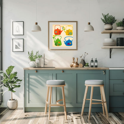 Whimsical Teapot Art Print: Retro Kitchen Folk Art Poster