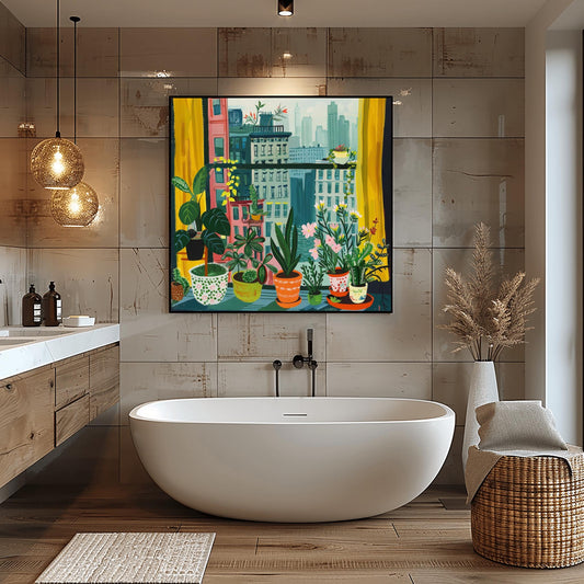 Urban Jungle Cityscape Print, Cozy Apartment Window View, New York with Plants Wall Art