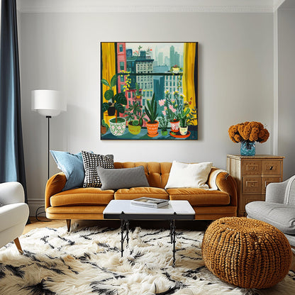 Urban Jungle Cityscape Print, Cozy Apartment Window View, New York with Plants Wall Art