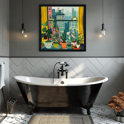 Urban Jungle Cityscape Print, Cozy Apartment Window View, New York with Plants Wall Art