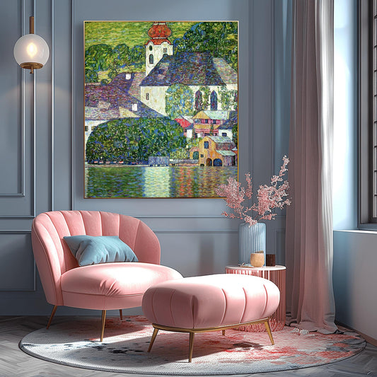 Gustav Klimt Lakeside Village Print: Austrian Landscape Art Nouveau Poster