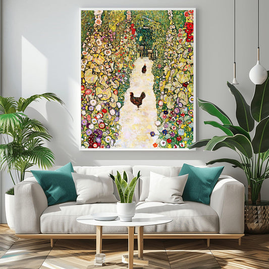 Gustav Klimt Garden with Chickens Print: Austrian Art Nouveau Poster