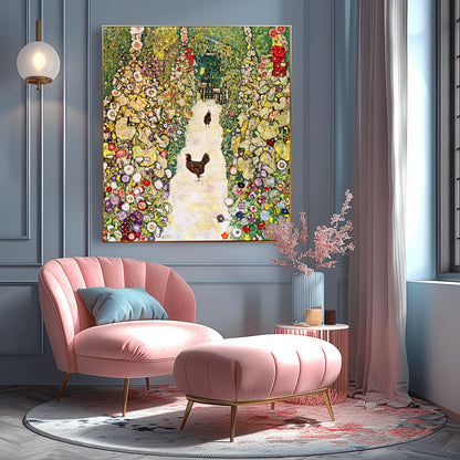 Gustav Klimt Garden with Chickens Print: Austrian Art Nouveau Poster