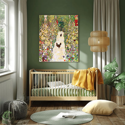 Gustav Klimt Garden with Chickens Print: Austrian Art Nouveau Poster