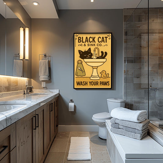 Black Cat Wash Your Paws Poster: Funny Vintage Bathroom Art