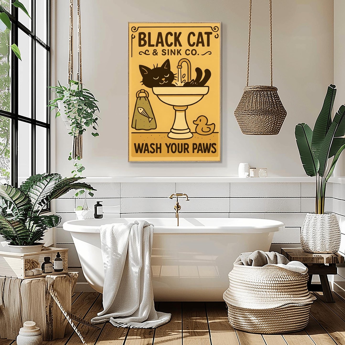 Black Cat Wash Your Paws Poster: Funny Vintage Bathroom Art