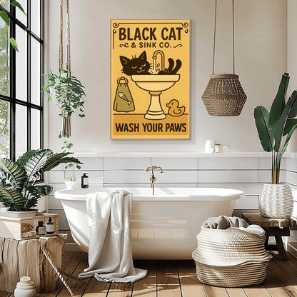 Black Cat Wash Your Paws Poster: Funny Vintage Bathroom Art