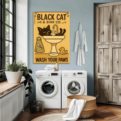 Black Cat Wash Your Paws Poster: Funny Vintage Bathroom Art