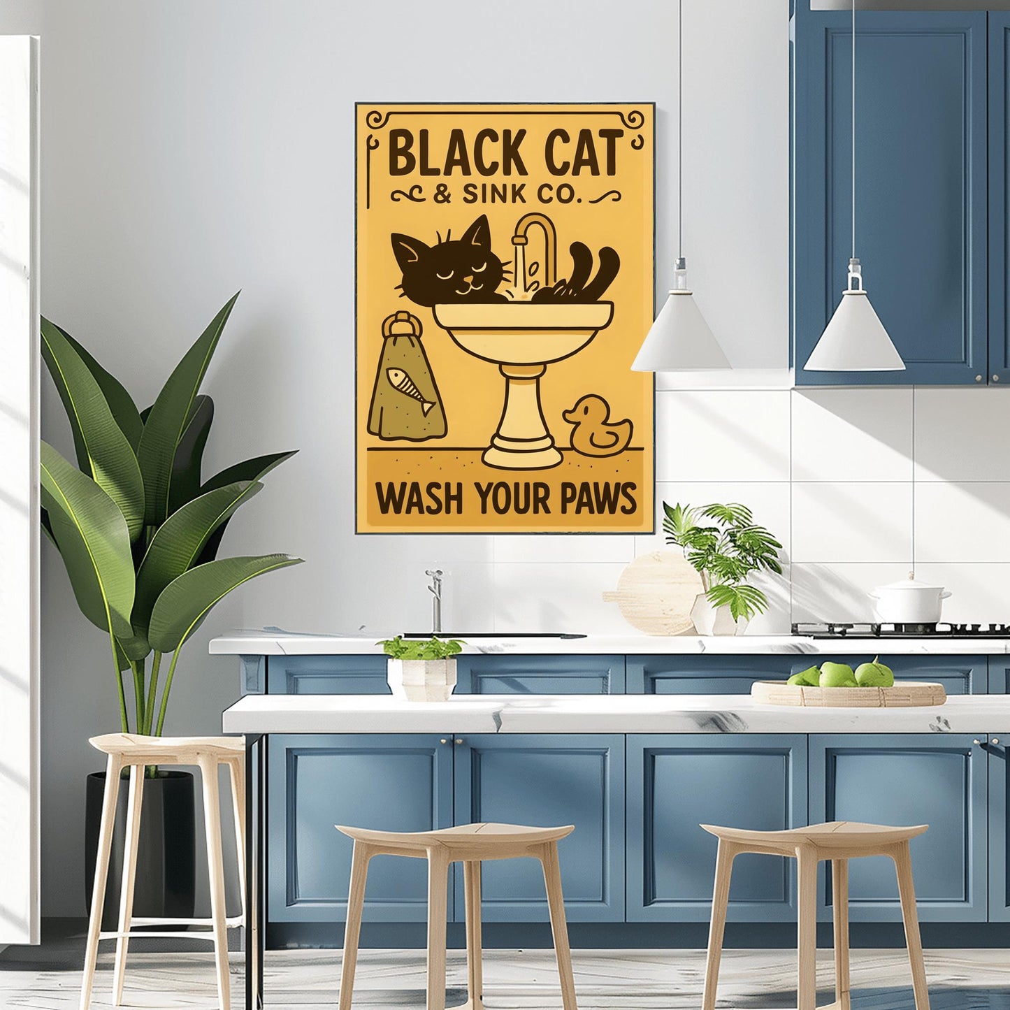 Black Cat Wash Your Paws Poster: Funny Vintage Bathroom Art