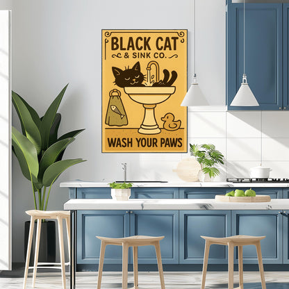 Black Cat Wash Your Paws Poster: Funny Vintage Bathroom Art