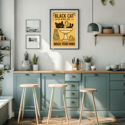 Black Cat Wash Your Paws Poster: Funny Vintage Bathroom Art