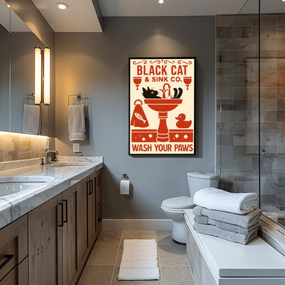 Black Cat Wash Your Paws Poster: Funny Vintage Bathroom Art