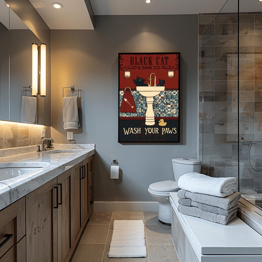 Black Cat Wash Your Paws Poster: Funny Vintage Bathroom Art