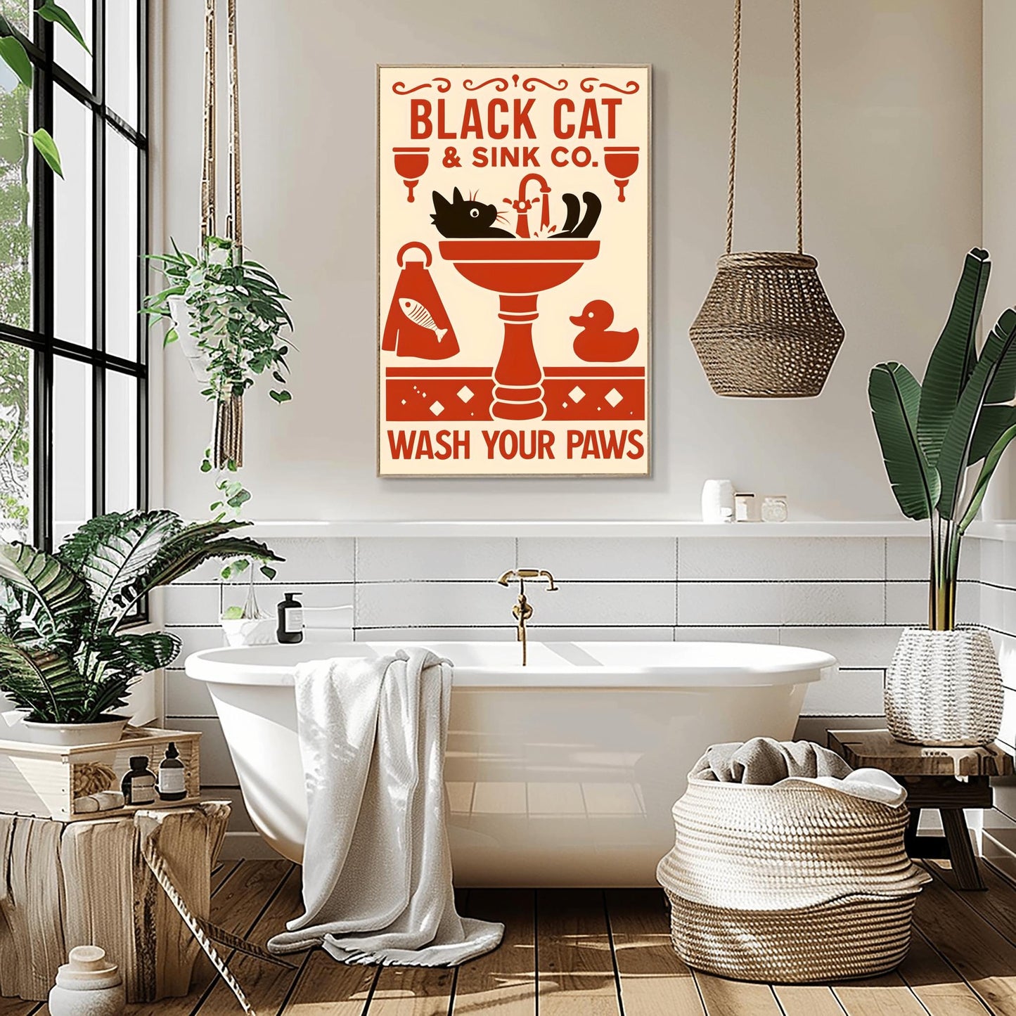 Black Cat Wash Your Paws Poster: Funny Vintage Bathroom Art
