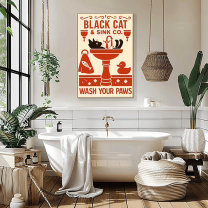 Black Cat Wash Your Paws Poster: Funny Vintage Bathroom Art