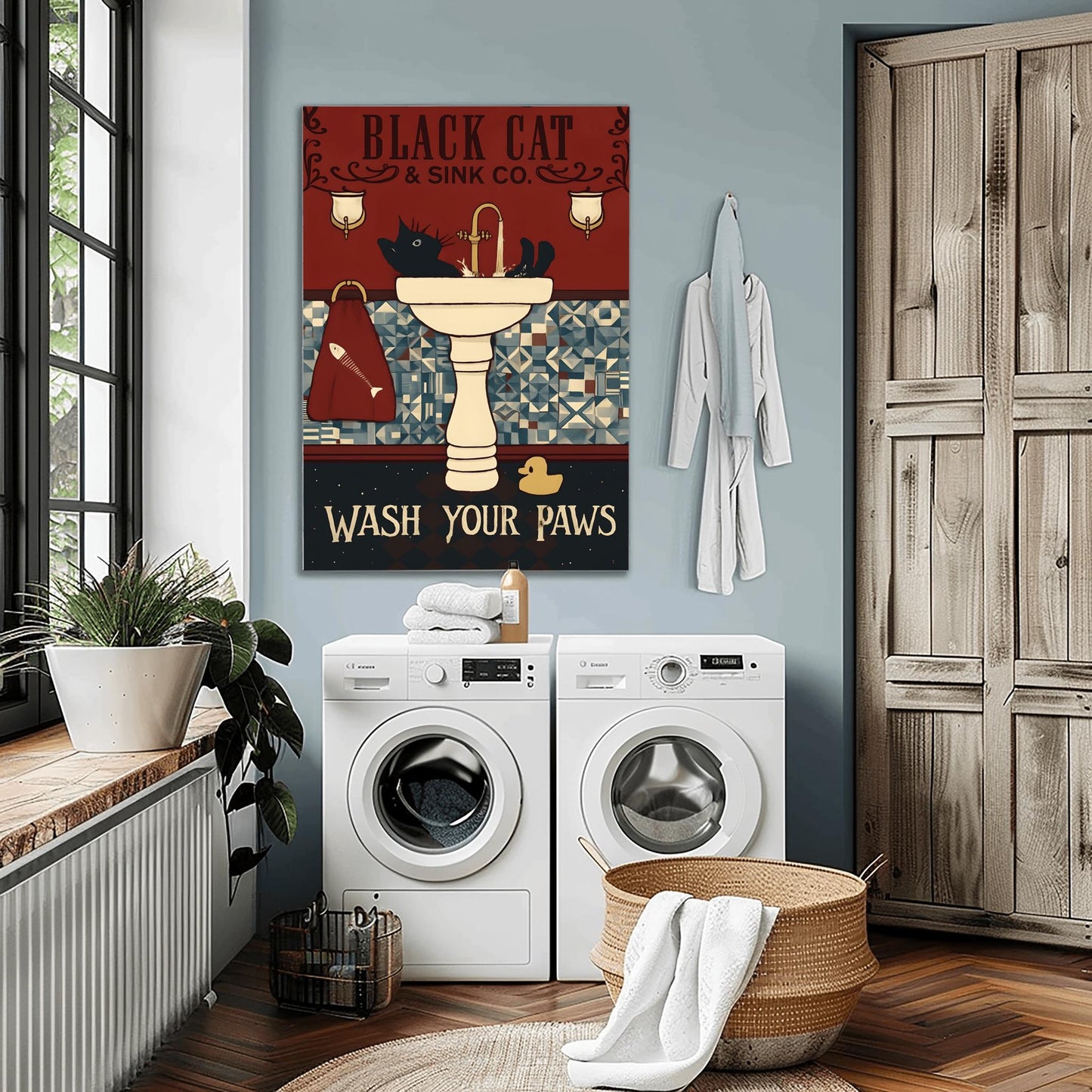 Black Cat Wash Your Paws Poster: Funny Vintage Bathroom Art