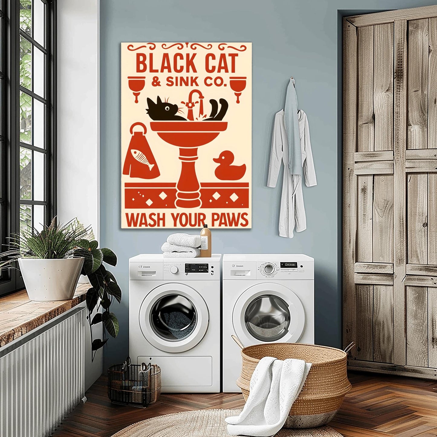 Black Cat Wash Your Paws Poster: Funny Vintage Bathroom Art