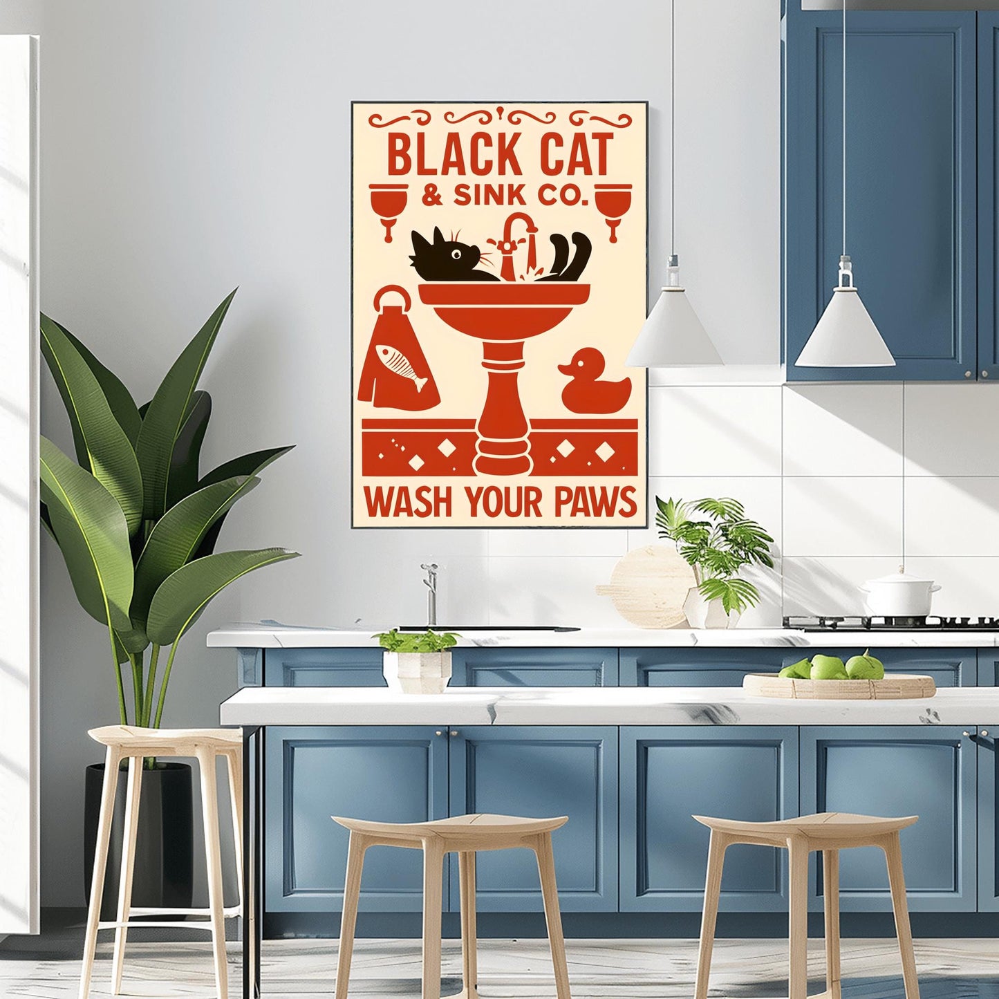 Black Cat Wash Your Paws Poster: Funny Vintage Bathroom Art