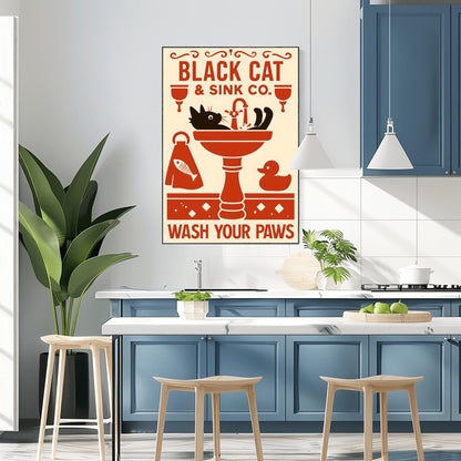 Black Cat Wash Your Paws Poster: Funny Vintage Bathroom Art