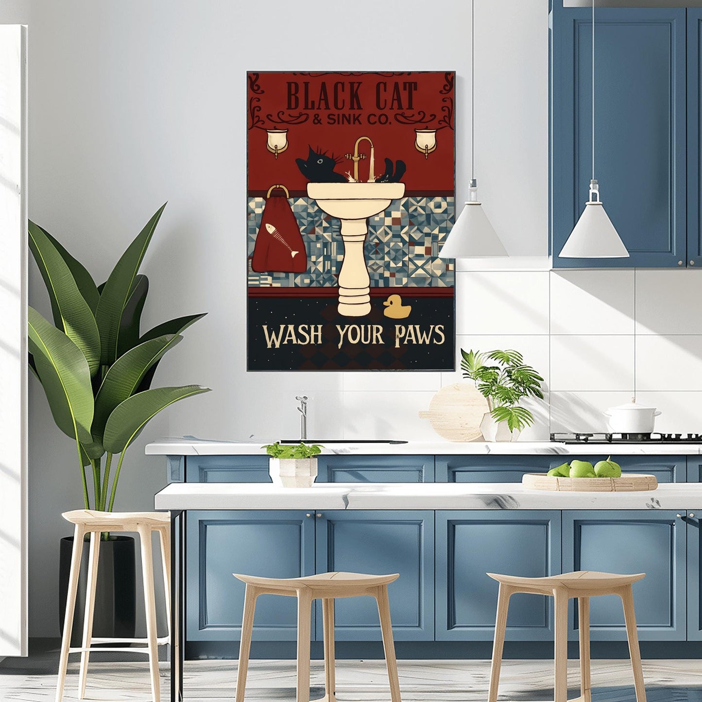 Black Cat Wash Your Paws Poster: Funny Vintage Bathroom Art