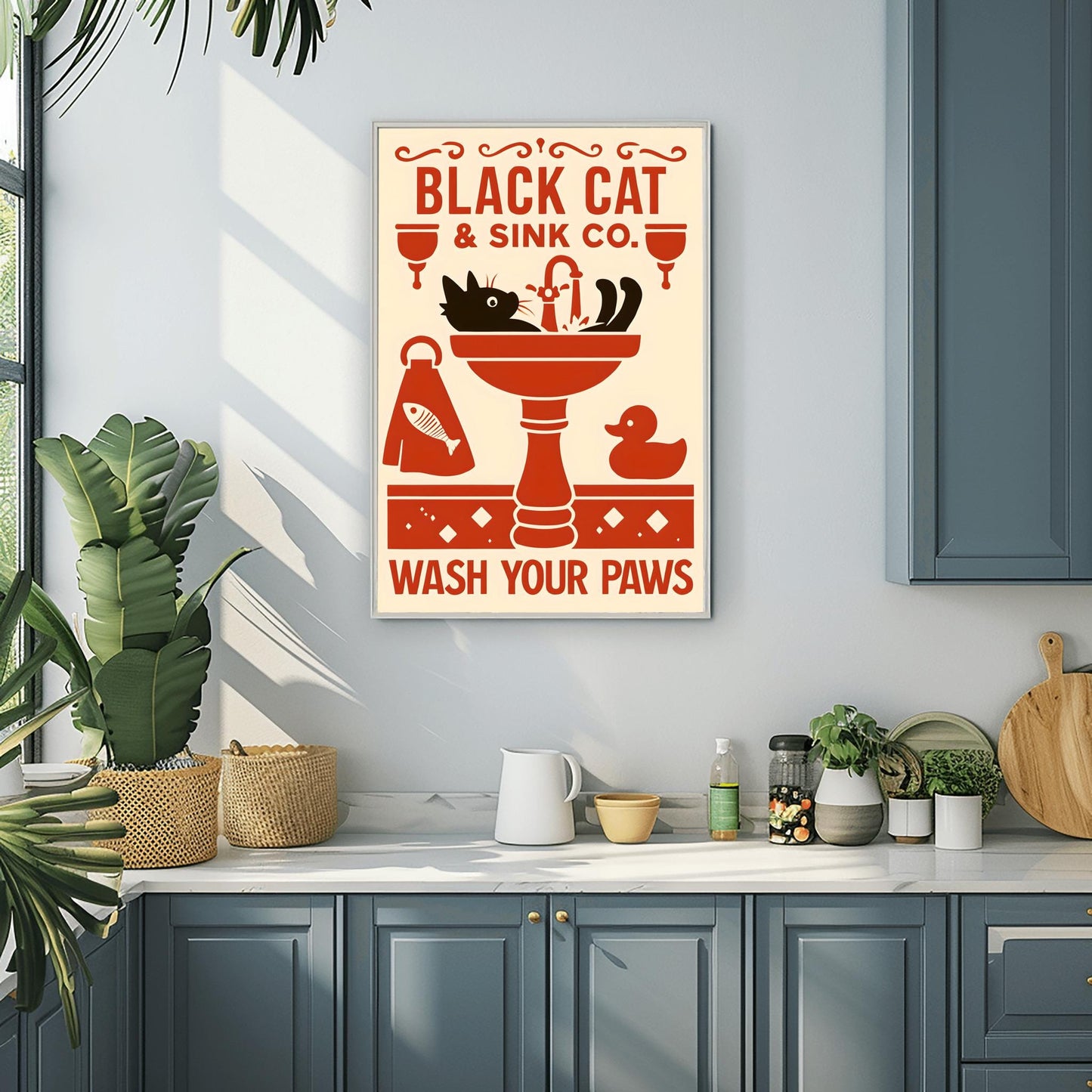 Black Cat Wash Your Paws Poster: Funny Vintage Bathroom Art
