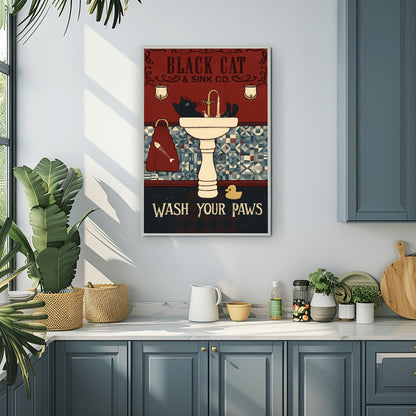 Black Cat Wash Your Paws Poster: Funny Vintage Bathroom Art