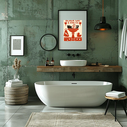 Black Cat Wash Your Paws Poster: Funny Vintage Bathroom Art