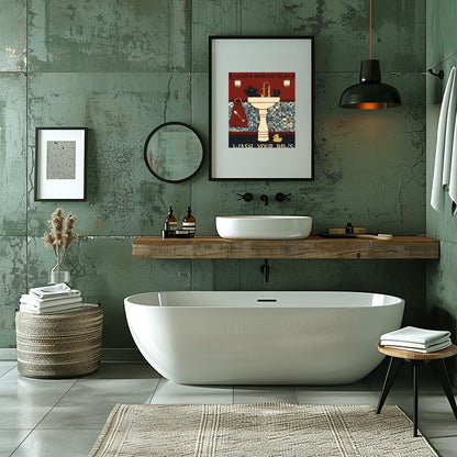 Black Cat Wash Your Paws Poster: Funny Vintage Bathroom Art