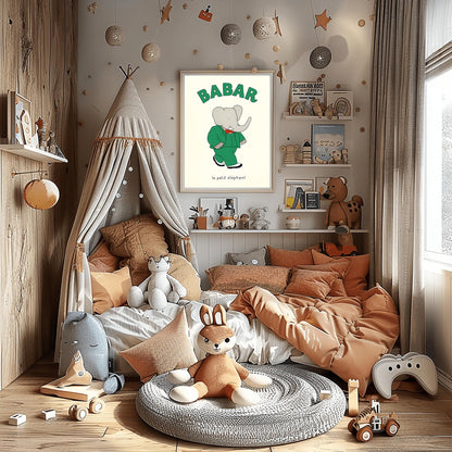 Babar the Elephant Print: Retro Nursery Decor, Kids Room Art