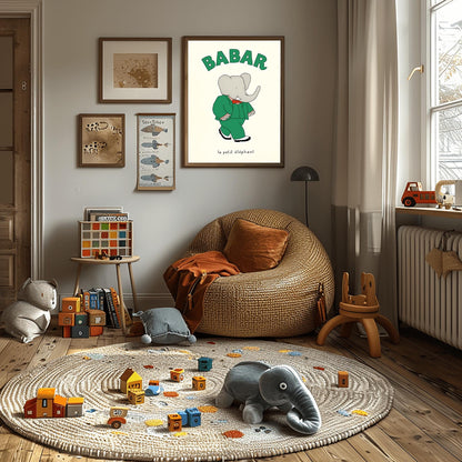 Babar the Elephant Print: Retro Nursery Decor, Kids Room Art